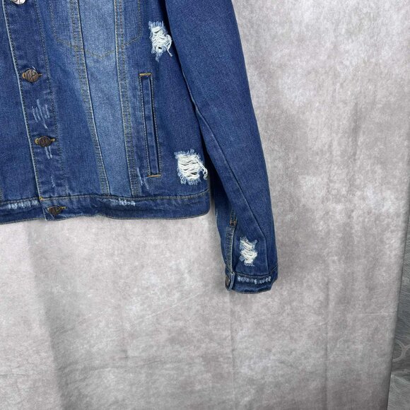 Crave Fame Distressed Denim Jacket Size L with Red Shoulder Stripes - Picture 2 of 9